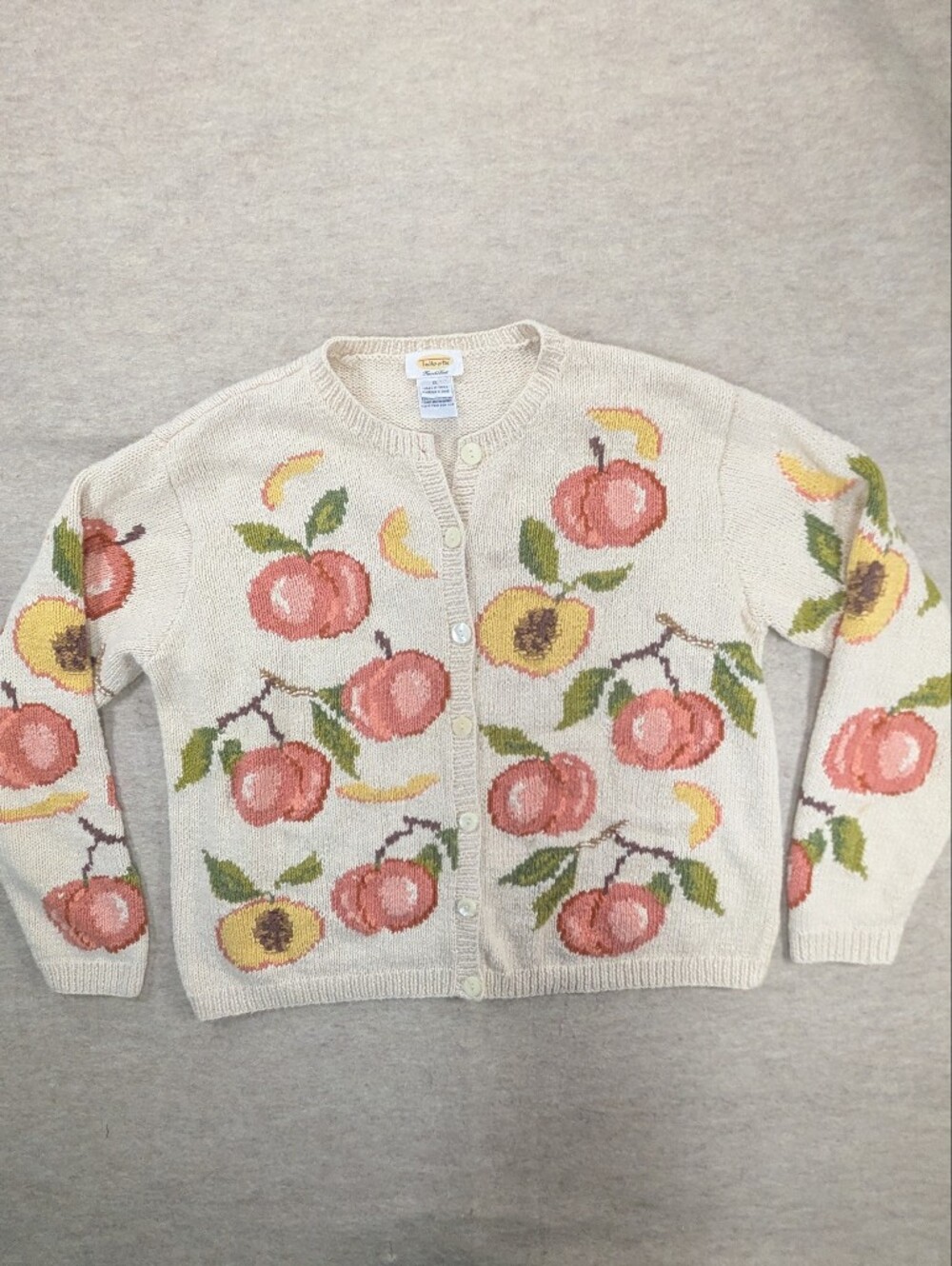 Vintage Fruit Peaches Knit Cardigan Linen Talbots Jacquard Cotton Rare Unique XL